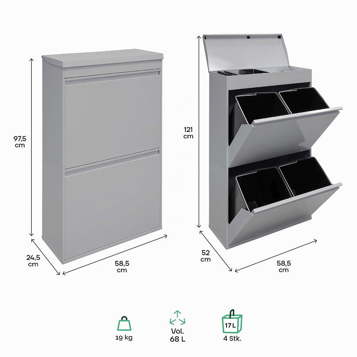 ARREGUI Top CR622-B Mülltrennsystem aus Stahl mit Aufbewahrungsbox mit Deckel | 4 Fächer Mülleimer f