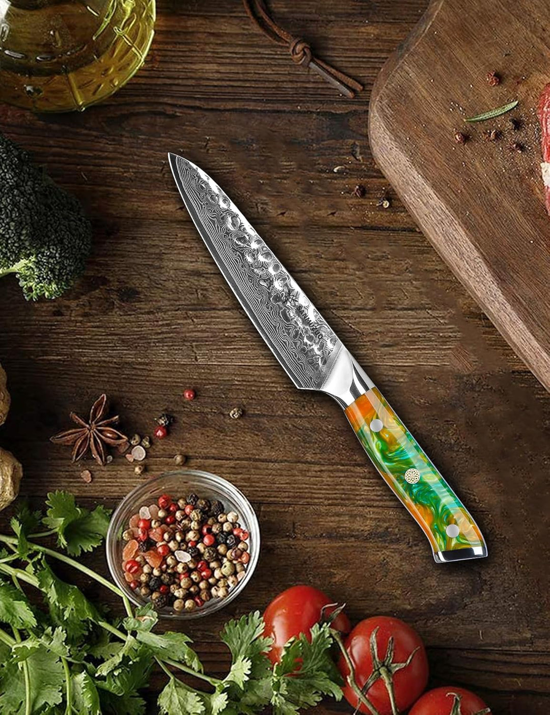 13 cm Allzweckmesser für Obst und Gemüse - Profi Kochmesser, Gehämmertem Damaskus Stahl und Harz Gri