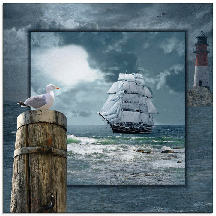 ARTland Glasbilder Wandbild Glas Bild einteilig 50 x 50 cm Maritime Deko Collage Segelschiff Leuchtt