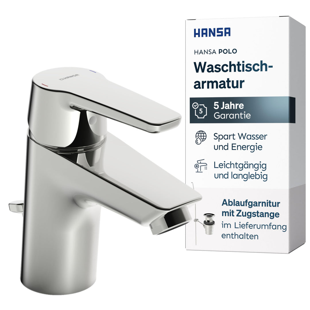 Hansa 51402293 Einhebelmischer/Waschtischbatterie HANSAPOLO DN15 | + Ablaufgarnitur und Zugbetätigun