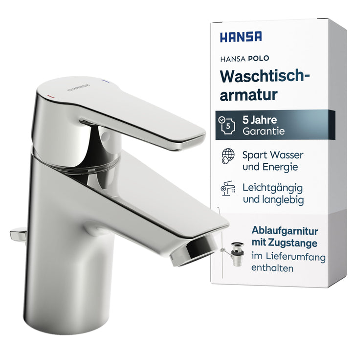 Hansa 51402293 Einhebelmischer/Waschtischbatterie HANSAPOLO DN15 | + Ablaufgarnitur und Zugbetätigun