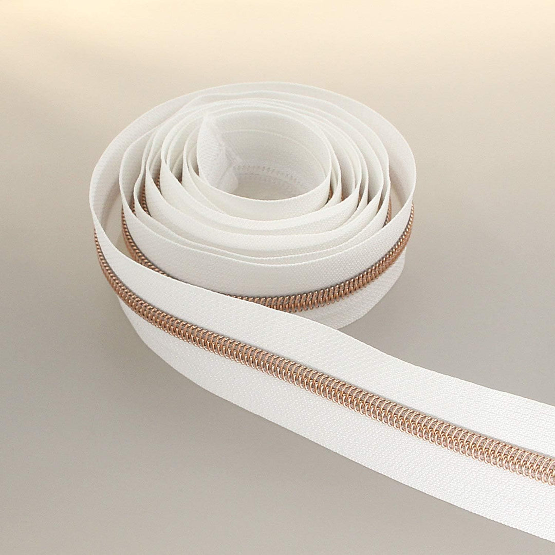 5# Nylon-Reissverschlüsse Meterware 10 Yards Roségold Metallic-Zähne Weisses Klebeband mit 25 Stück