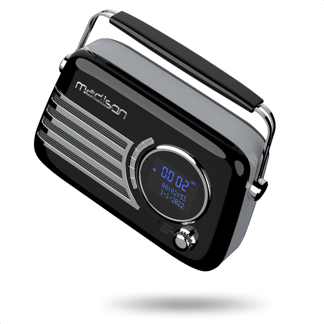 Madison - FREESOUND-VR40BK-DAB - Vintage DAB+ Radio mit Langer Akkulaufzeit - DAB+, FM, Bluetooth &