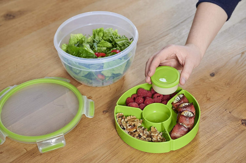 EMSA CLIP&GO FOOD Runde Salatbox 2,6 L + 2 Fächer Grün hermetischer Aufbewahrungstransport N1071300