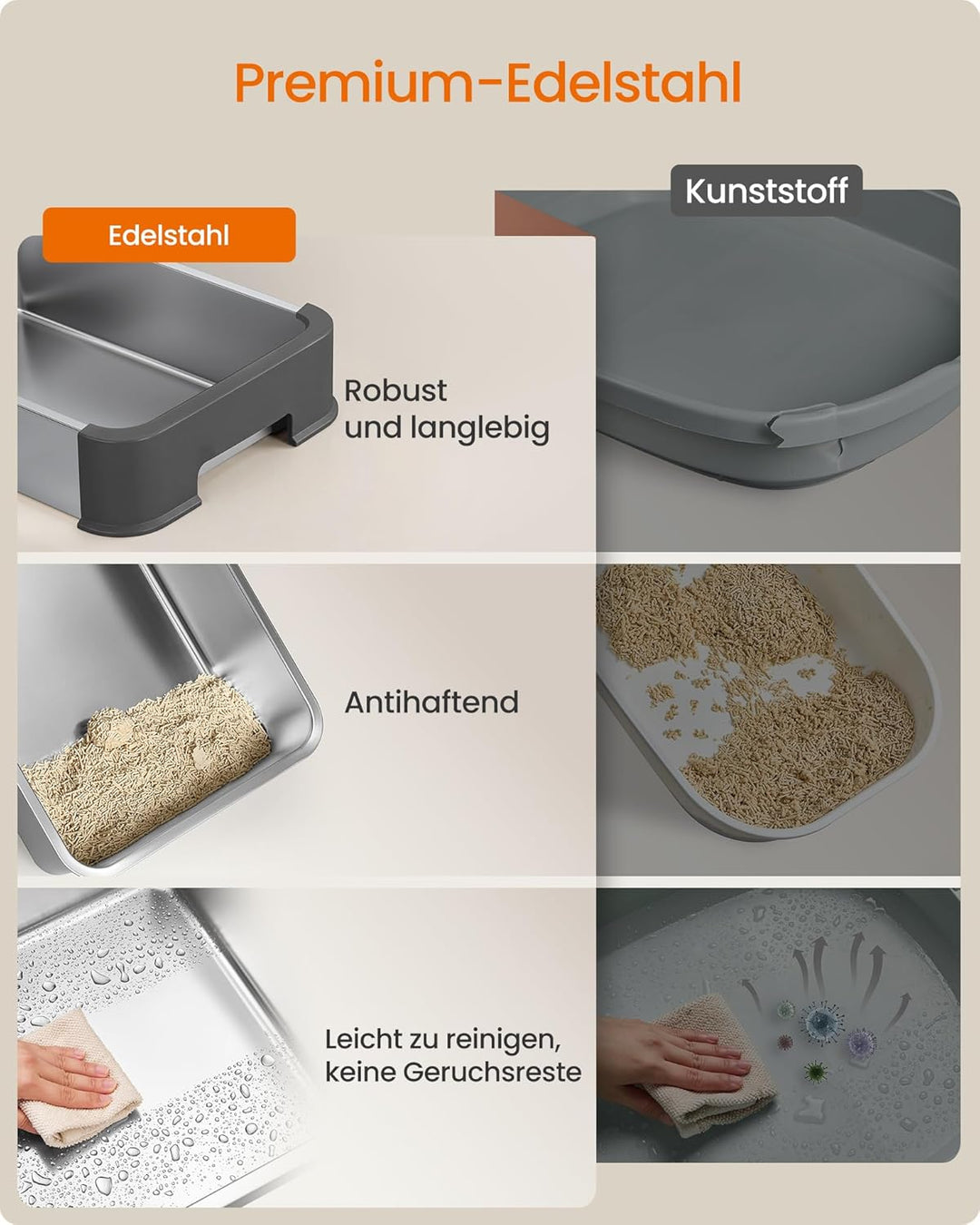 Feandrea Katzenklo Edelstahl, Katzentoilette, mit Deckel, ausziehbares Tablett, Schaufel, Bürste, fü
