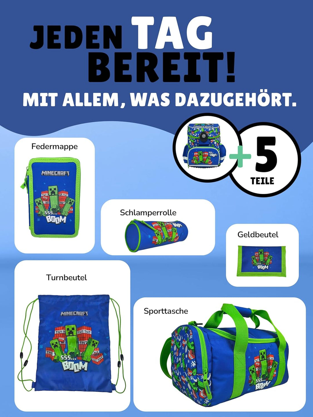 Familando - Schulranzen Set 6-teilig mit Federmappe - Minecraft - Ergonomisch, stabil & mit gepolste