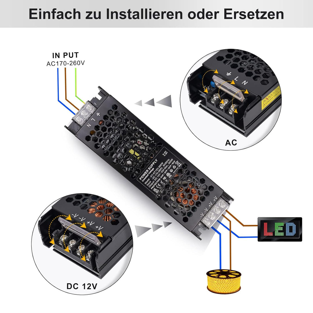 REYLAX LED Trafo 12V 300W, Trafo 230V auf 12V DC 25A, Kompakter Extra Dünn 12 Volt Netzteil LED Trei