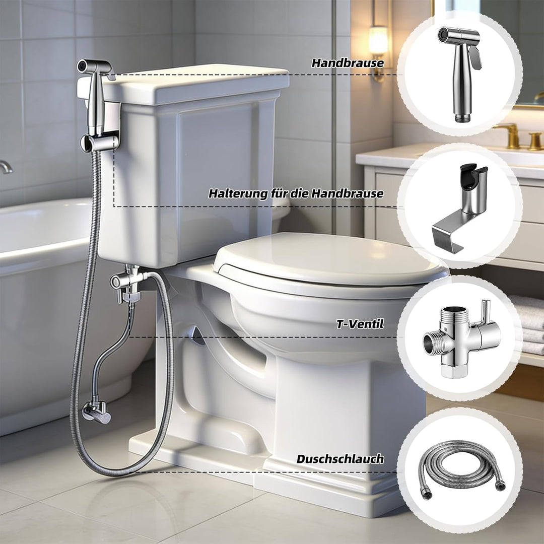 Bidet Handbrause Set, Hand Gehalten Bidet Sprayer Edelstahl mit Ventil T-Adapter (G1/2''-3/8''), 150
