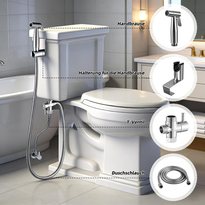 Bidet Handbrause Set, Hand Gehalten Bidet Sprayer Edelstahl mit Ventil T-Adapter (G1/2''-3/8''), 150