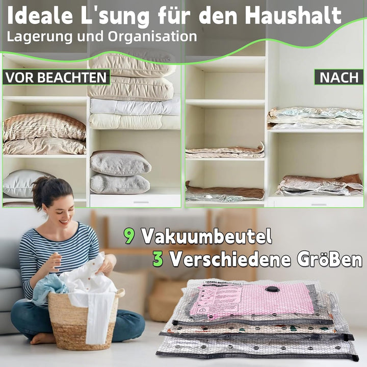 Vakuumbeutel für Kleidung mit Elektrischer Luftpumpe, 9 Stück Vacuum Bags (3x 40x50cm, 3x 40x60cm, 3