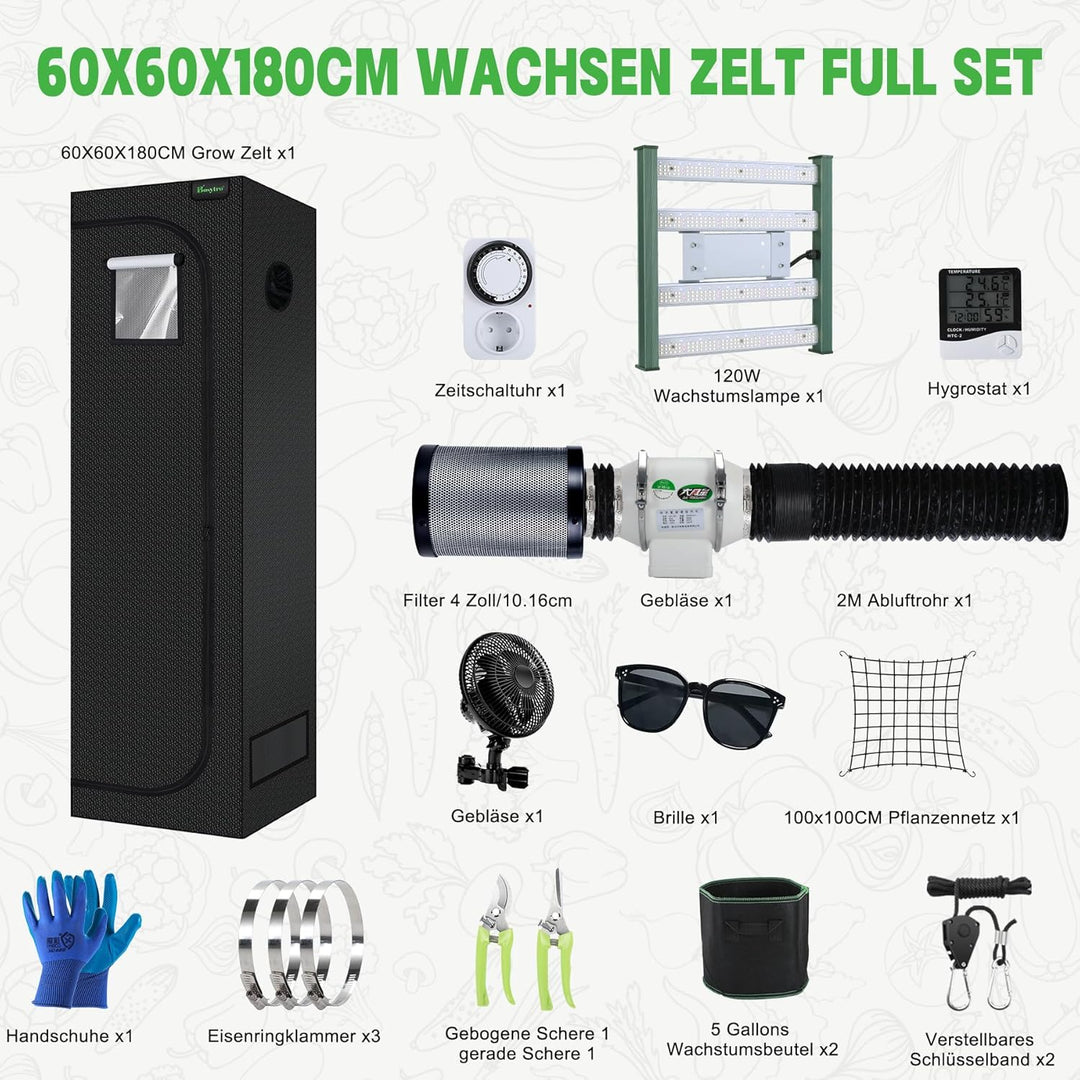 Grow Set Komplettset, Led Grow Tent Kit,120W LED Grow Lampe Vollspektrum,Komplettes Hydroponics 600D