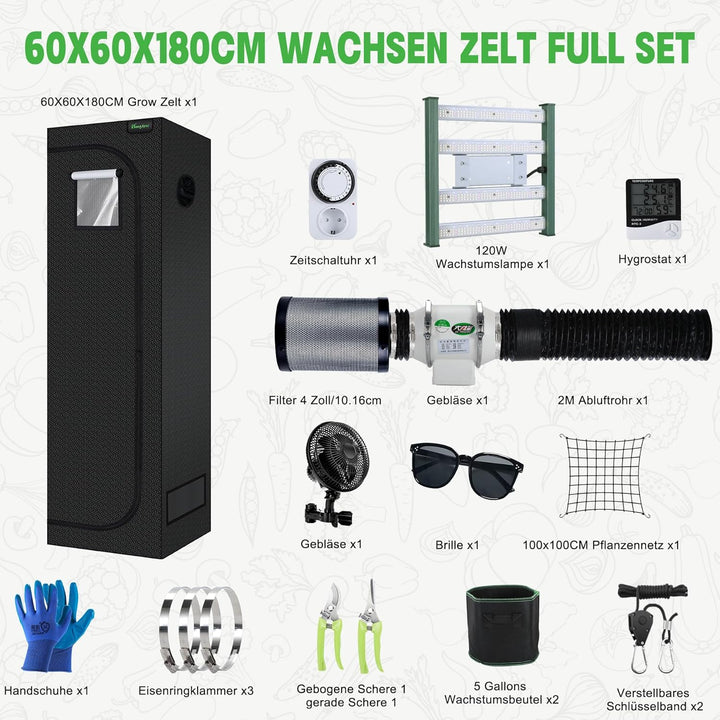 Grow Set Komplettset, Led Grow Tent Kit,120W LED Grow Lampe Vollspektrum,Komplettes Hydroponics 600D