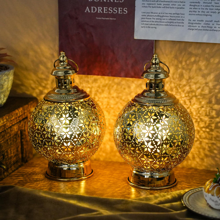 TRIROCKS Ramadan-Laternen, 2 Stück, 25,4 cm, Gold, elektrischer Kerzenhalter mit Timer, Metall, deko