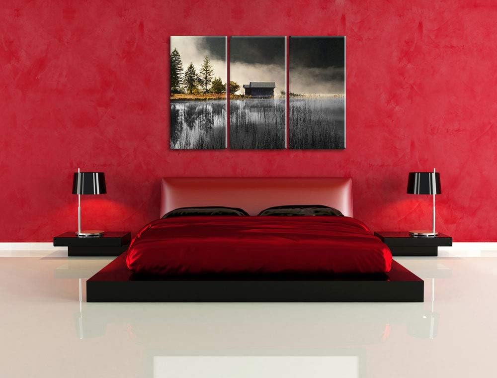 Pixxprint Häuschen am See mit Nebel als Leinwandbild | Grösse: 3 Teilig (120x80) | Wandbild| Kunstdr