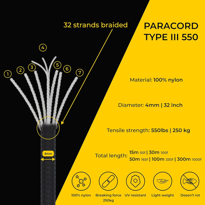Paracord 4 mm, 20+ Militärfarben (15 m, 30 m, 50 m, 100 m, 300 m) | Ideal zum Basteln, Camping, Outd