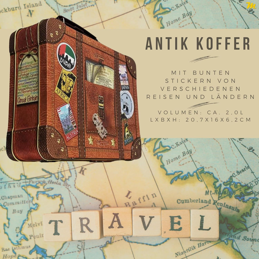 Antik Koffer - Keksdose mit beweglichem Griff, stabilem Schnappschloss und bunten Stickern - lebensm