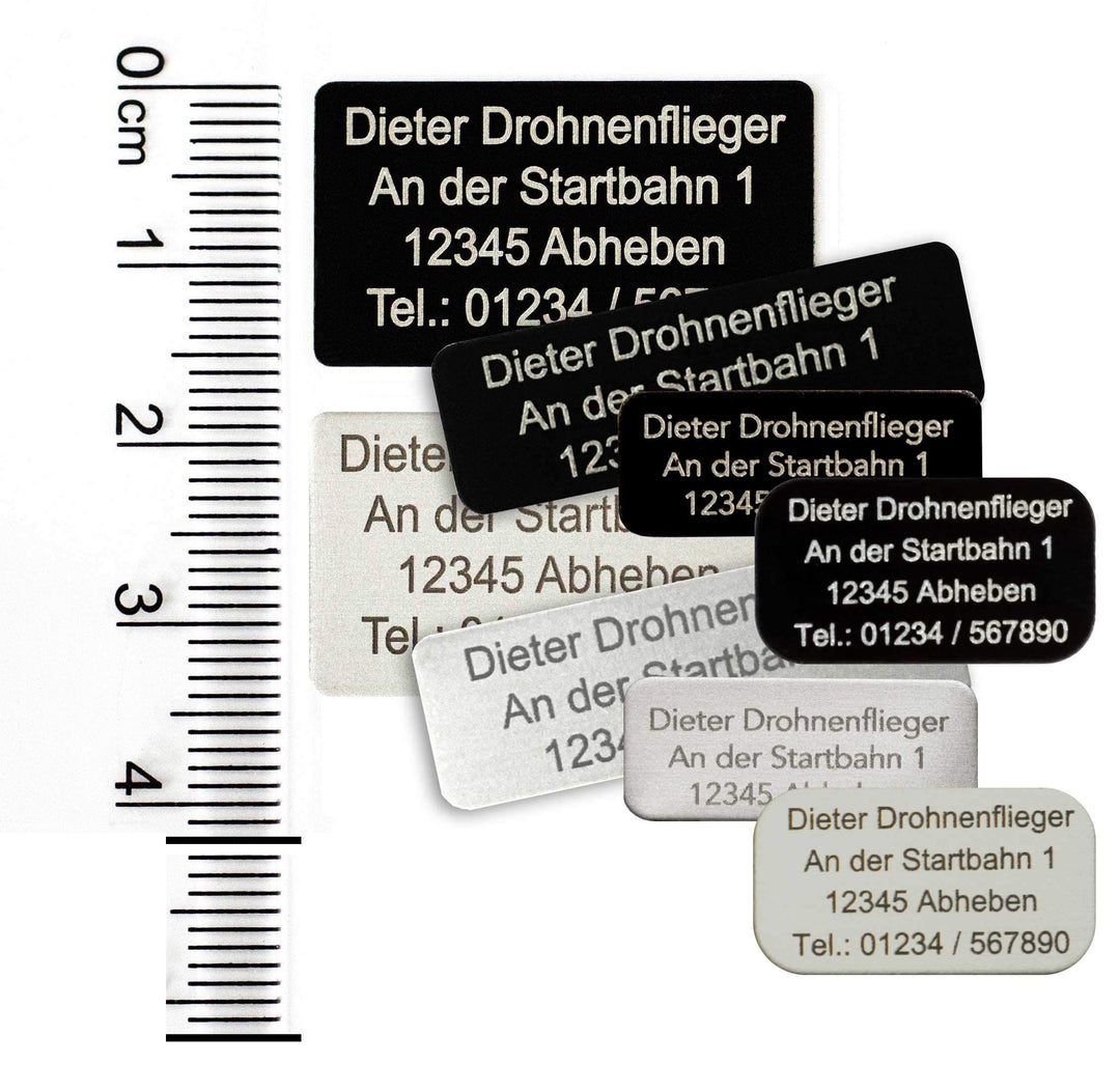 MJ Drohnen-Kennzeichen Sets, 3er-Set, 5er-Set oder 10er Set, mit Kontaktdaten und/oder seit 2021 gef
