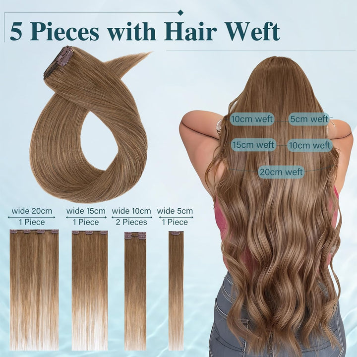 Elailite Echthaar Extensions Clip in #6 Hellbraun, 5 Tressen Remy Haarverlängerung mit 12 Clips, 35c