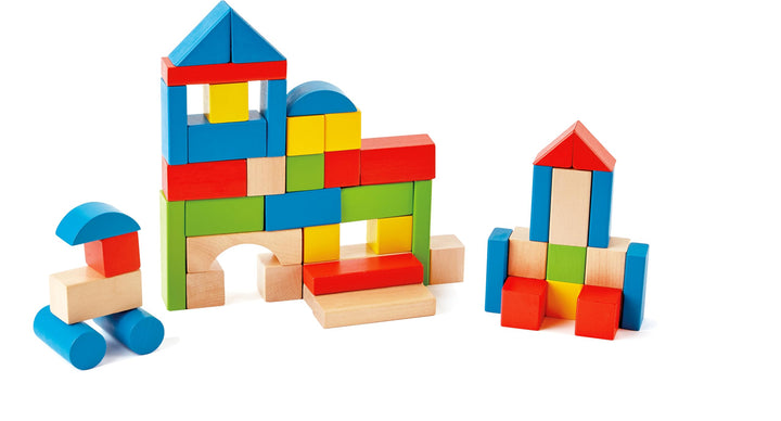 Hape Bunte Holzbausteine für Kinder Holzbausteine-Set zum Stapeln Lernspielzeug für Kleinkinder, 50