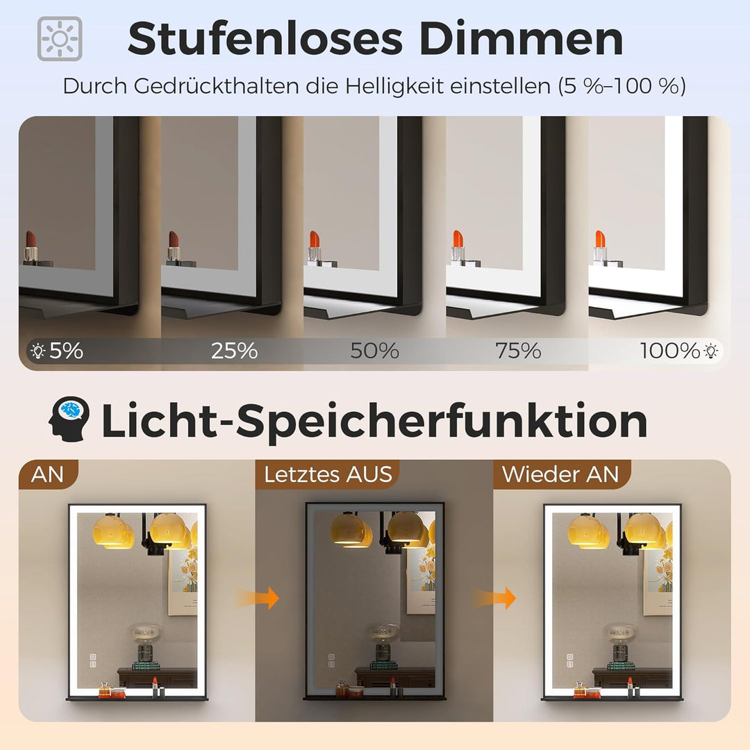 STARLEAD 90 x 120 cm Badespiegel-mit-Beleuchtung & Ablage, Entnebelung, Dimmbar, 3 Farbene Badzimmer