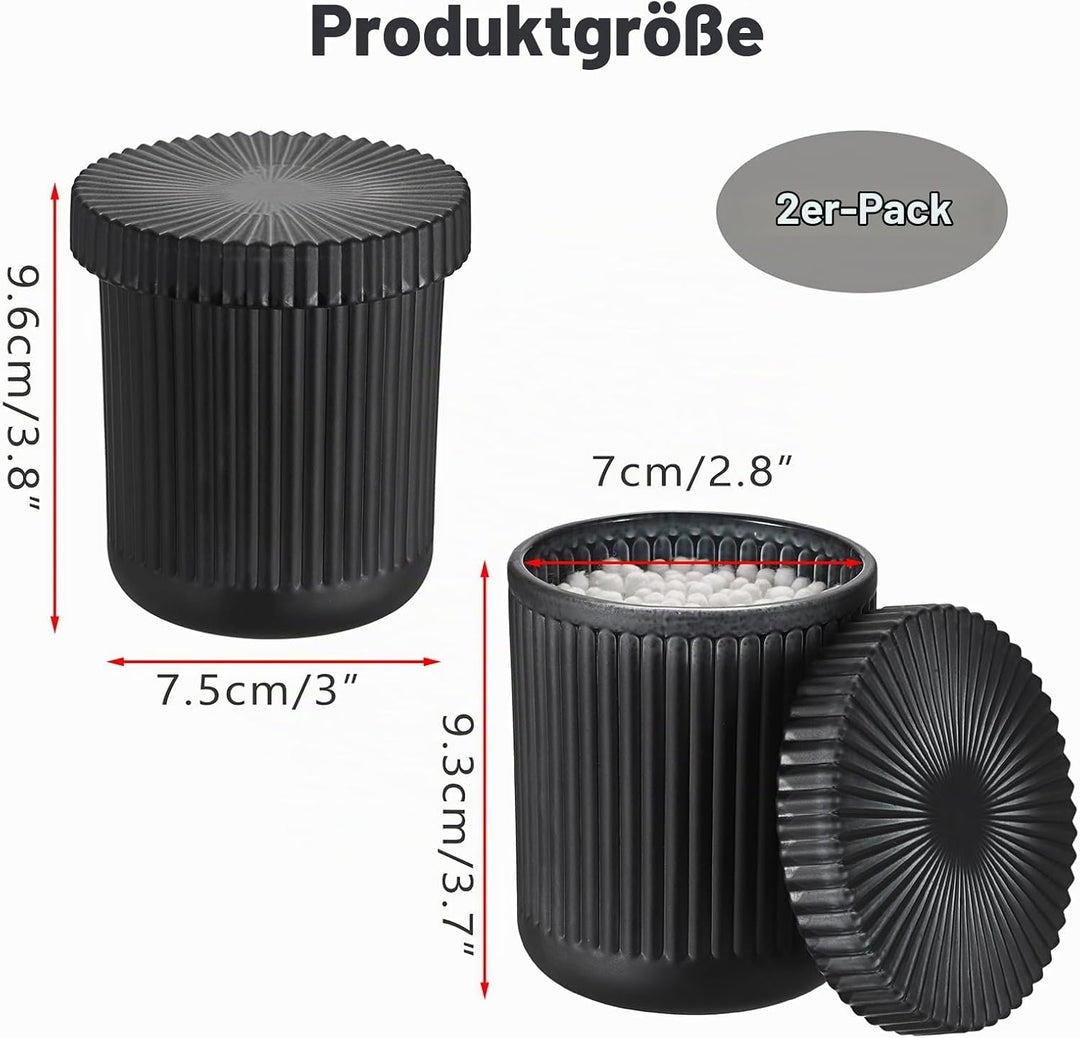 2 Pcs Schwarz Glas Wattepadspender Wattestäbchen Behälter mit Deckel Rund Schminktisch Organizer Was