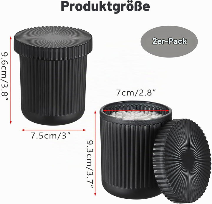 2 Pcs Schwarz Glas Wattepadspender Wattestäbchen Behälter mit Deckel Rund Schminktisch Organizer Was
