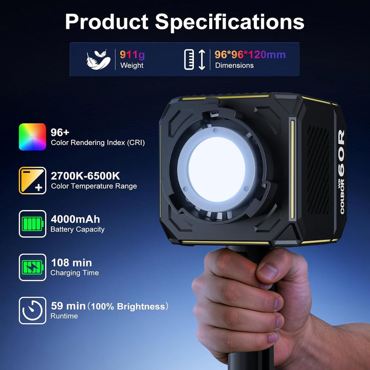 COLBOR 60W LED Videoleuchte mit Akku (59Wh), Tragbares RGBW COB Dauerlicht Video Licht, 2700K-6500K,