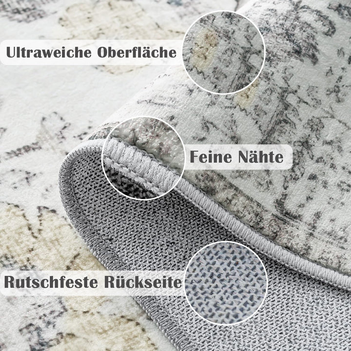 TOPICK Teppich Fussmatte Waschbar Fussmatte Innen Aussen Kurzflor Retro Grau Blume Orientalischer Te
