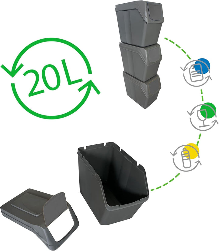 Prosperplast Sortibox Mülleimer Mülltrennsystem Abfalleimer Behälter 3x20L Grau Grau 3x20 Litros, Gr