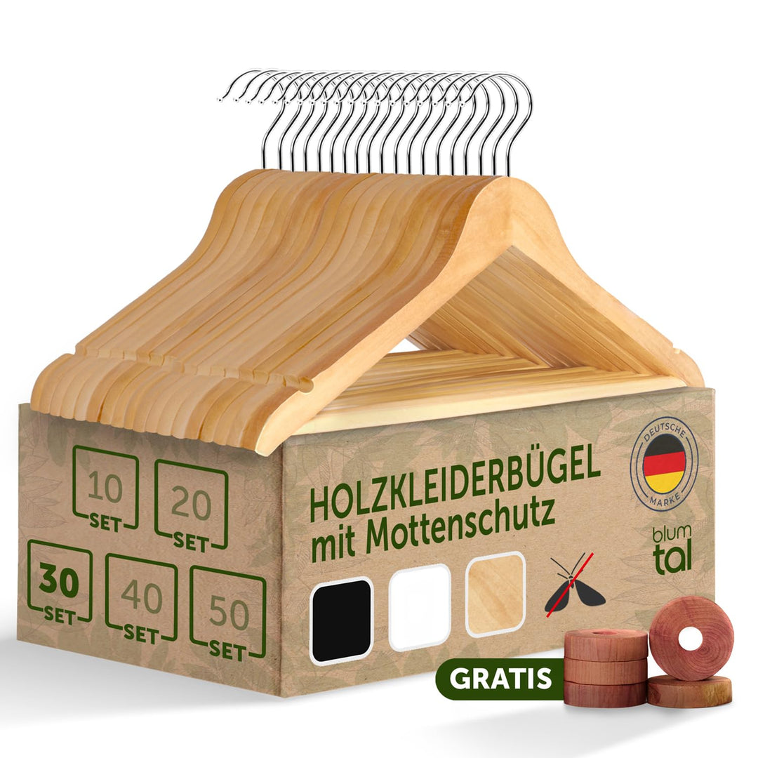 Blumtal Kleiderbügel Holz 30er Set - Holzbügel mit 360° drehbarem Metallhaken - Bügel aus robustem H