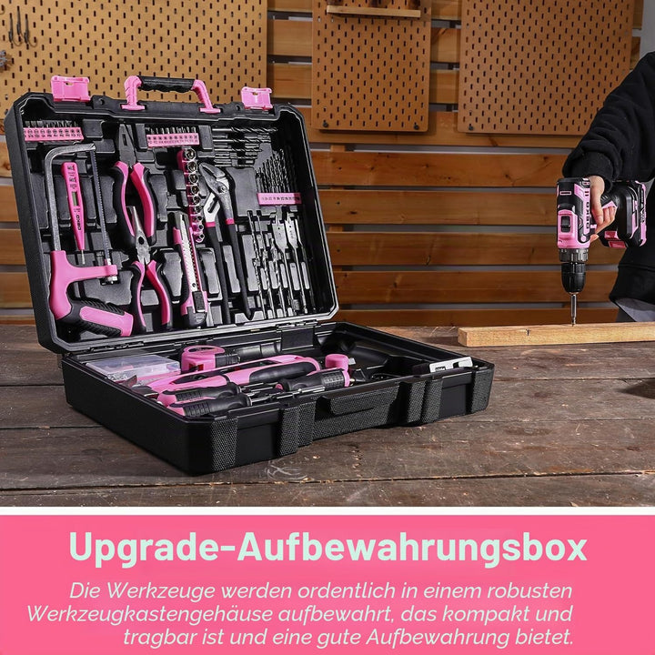 DEKO Kompletter elektrischer Werkzeugkasten, 186 Teile, Rosa, mit 20 V Bohrmaschine ohne Seil, 10 mm