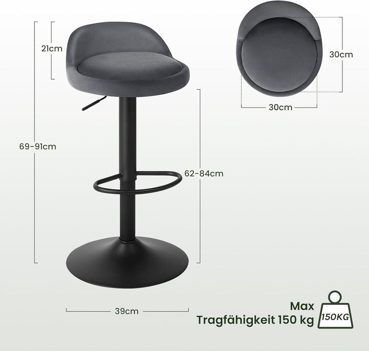 EUGAD Barhocker 2er Set 360° Drehstuhl Barstuhl mit Rückenlehne Fussstütze 120kg belastbar höhenvers