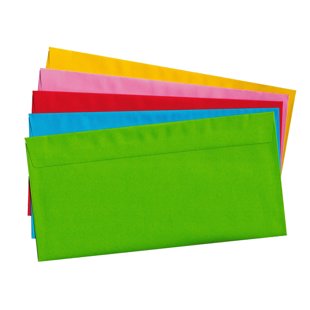 100 Briefumschläge ohne Fenster, DIN lang, bunt 5 Farben sortiert, nassklebend, Briefkuvert