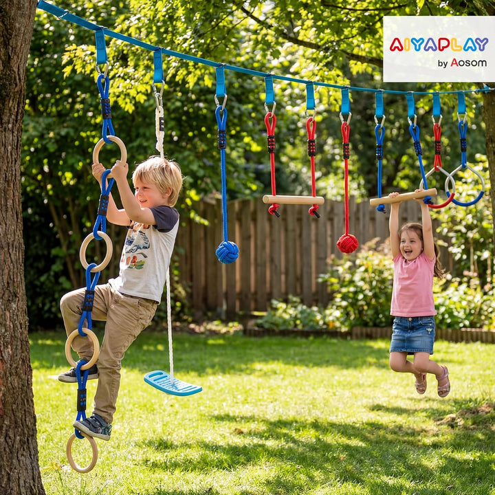 AIYAPLAY Ninja Line Kinder 10m 9-teilig Slackline Set mit 2 Turnringe, 3-in-1 Schaukel, 2 Klettersta
