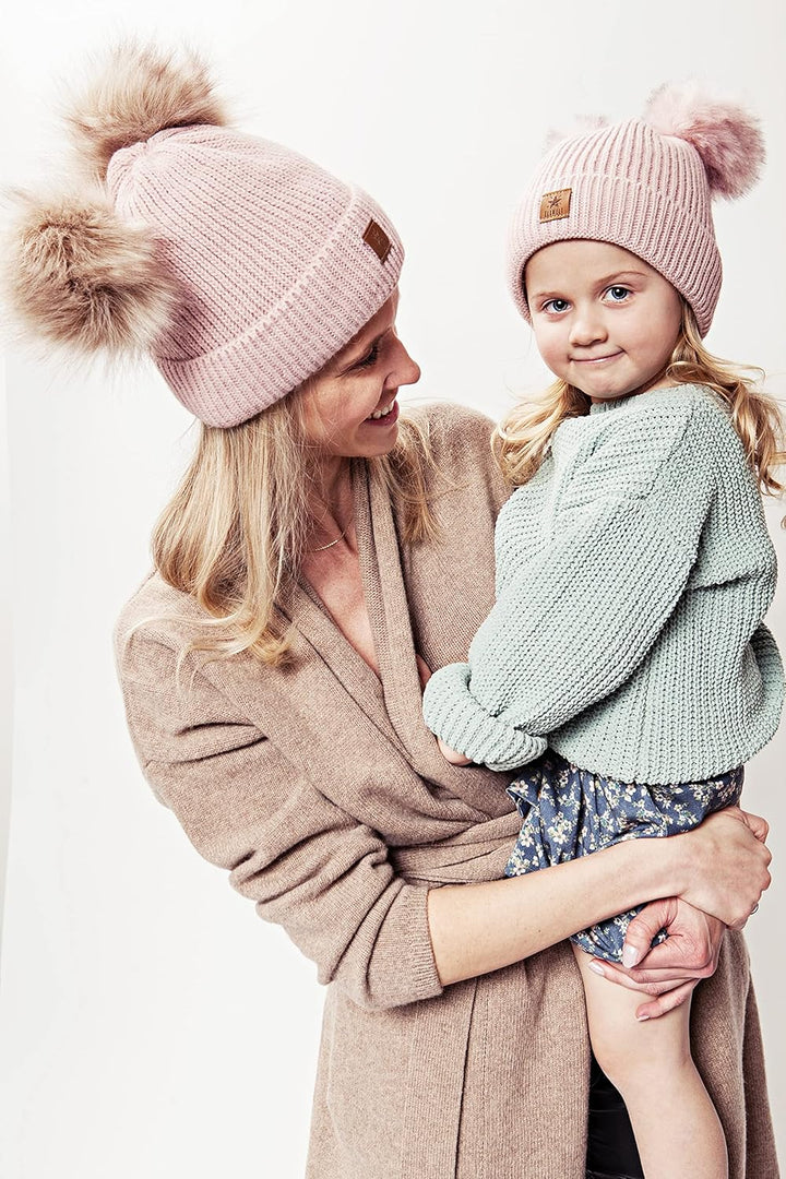 ELIMELI Eltern-Kind Mütze Mädchen Warme Wintermütze für Mutter und Tochter Mütze Damen Winter mit Zw