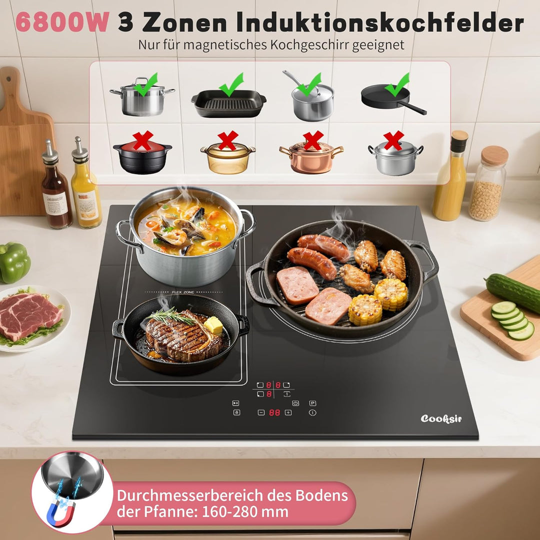 59cm Einbau Induktionskochfeld 3 Platten mit Rahmen, Cooksir Kochfeld Autark Flexzone, 6800W, FlexZo