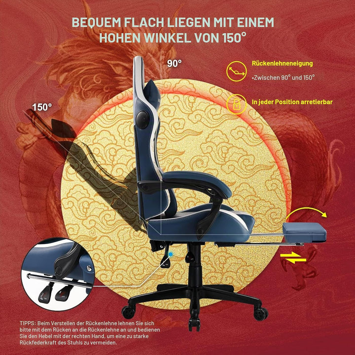 GTPLAYER Gaming Stuhl Gamer Stuhl mit Bluetooth-Lautsprechern und Fussstütze, Dragon Series Bürostuh
