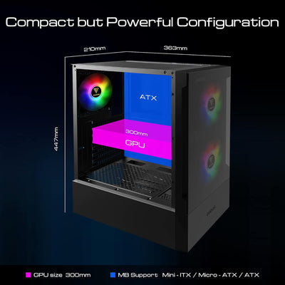 GAMDIAS ATX Mid-Tower Gaming-PC-Gehäuse, Enthält 3 x 120 mm ARGB-Lüfter, High Airflow Mesh Front, Ge