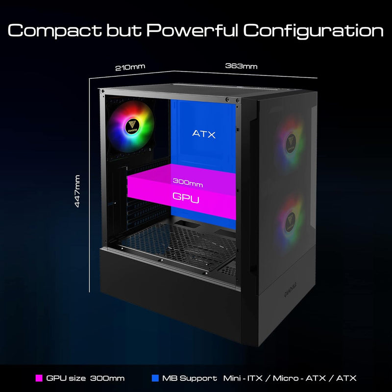 GAMDIAS ATX Mid-Tower Gaming-PC-Gehäuse, Enthält 3 x 120 mm ARGB-Lüfter, High Airflow Mesh Front, Ge