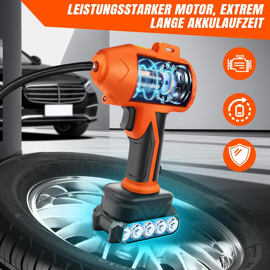 Reifenaufbläser Luftkompressor, 21V Akku und 12V Gleichstromkabel, tragbares Pumpgerät mit digitalem
