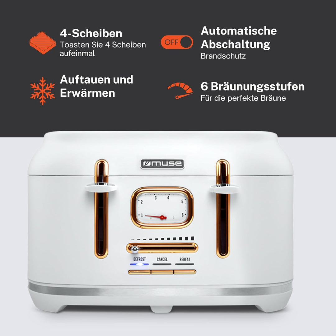 Muse Edelstahl-Toaster im weissen Retro Design, analoge Anzeige, beleuchtete Tasten, 6 Bräunungsstuf
