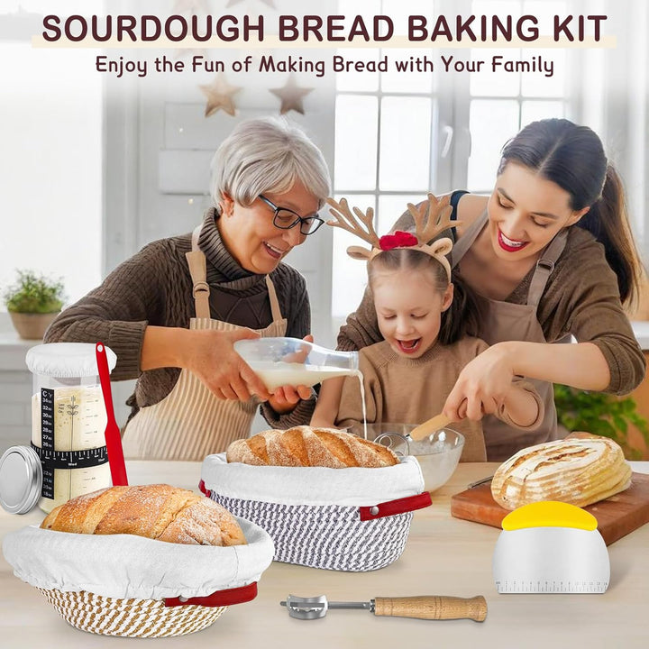 Brot Gärkörbchen Set, 14-Teilig Sauerteig Starter Set mit 2 Gärkörbe Rattan, Sauerteig Starterglas,