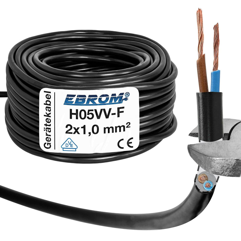 EBROM Kunststoff Schlauchleitung RUND, Kabel, Stromkabel, Leitung, Gerätekabel H05VV-F 2x1,0 mm² Far