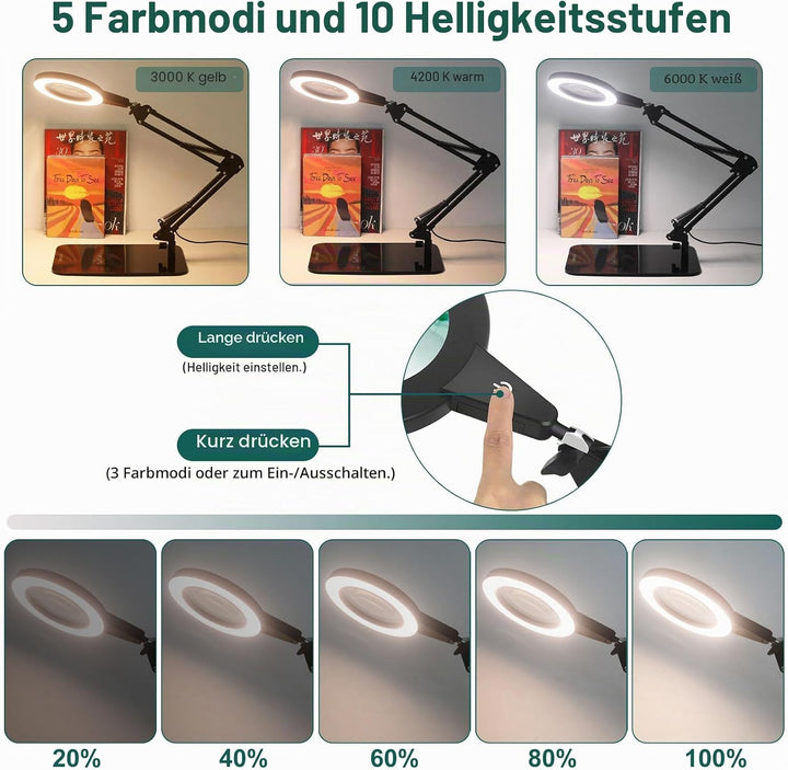 Lupe mit Licht und Ständer, Touch-Steuerung, 2-in-1 LED Lupenleuchte, Schreibtischlampe mit grossem