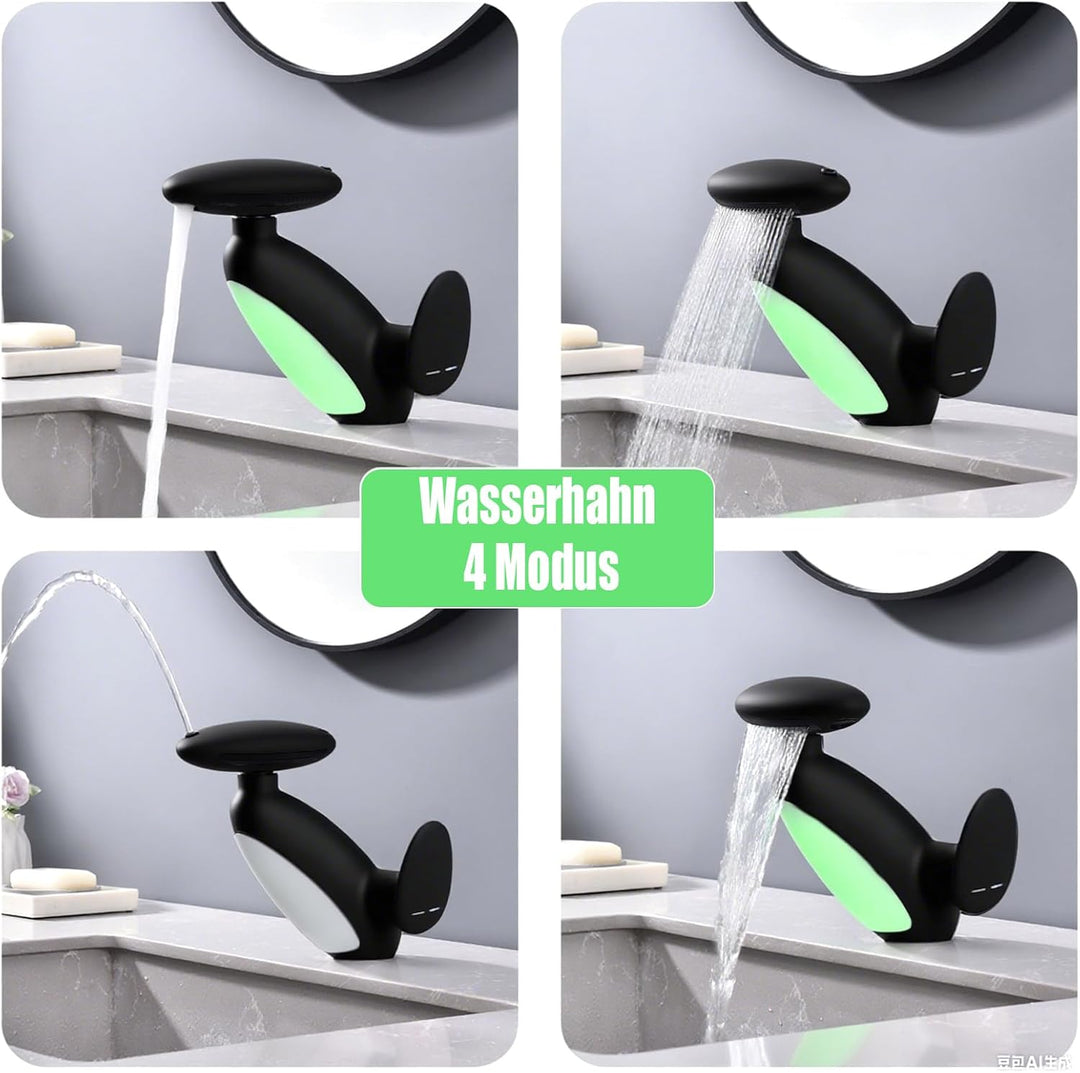 Wasserhahn Bad 4 Modus, LED Waschtischarmatur mit ausziehbarer brause, Wasserfall Mischbatterie Bad,