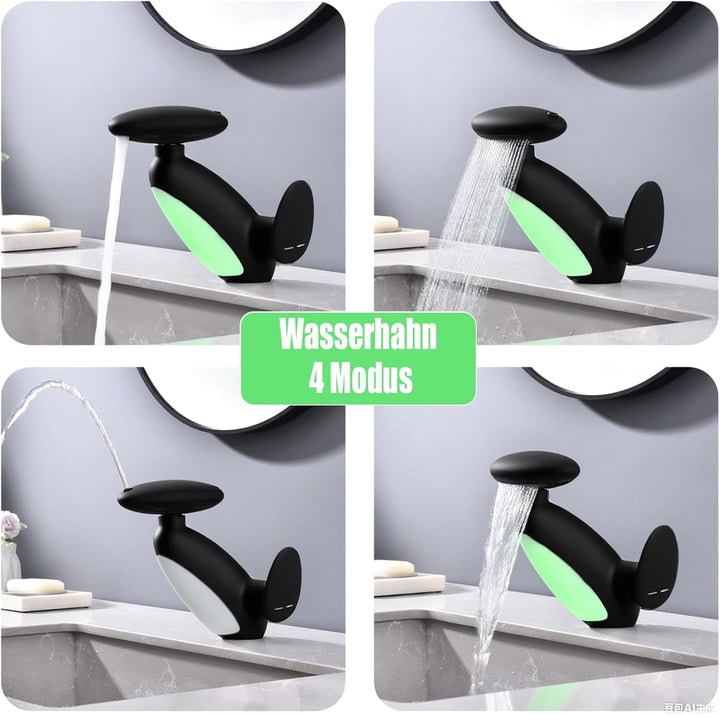 Wasserhahn Bad 4 Modus, LED Waschtischarmatur mit ausziehbarer brause, Wasserfall Mischbatterie Bad,