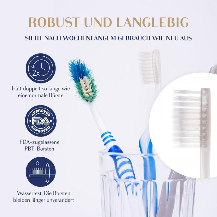 Royal Denta Silver Zahnbürsten mit weichen Borsten 4er-Pack - Doppellänge Borsten für effektive Inte