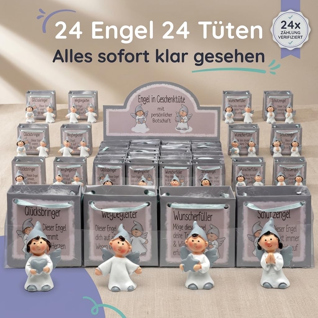 MIJOMA 24 Stück Set Schutzengel in Tüte 2-Fach Sortiert, im 24er Display, Gastgeschenk Glücksbringer