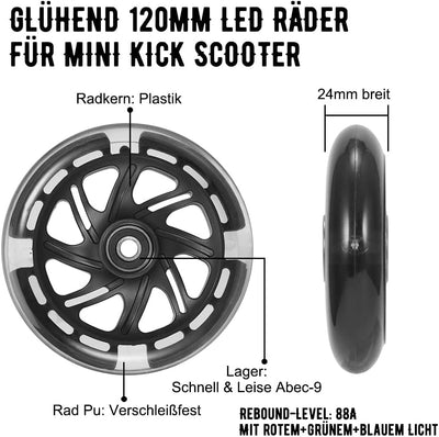 120mm Scooter Rollen - 2 Stück 120mm Led Scooter Ersatzräder Räder mit ABEC-9 Lager - 120mm hell bli