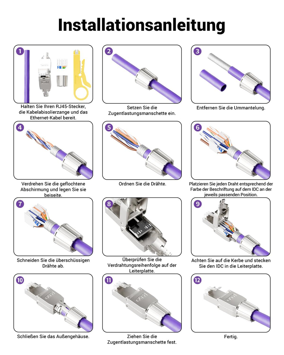 VCELINK RJ45 Stecker Werkzeuglos für Verlegekabel Cat7 Cat6A Netzwerkstecker Werkzeuglos Feldkonfekt